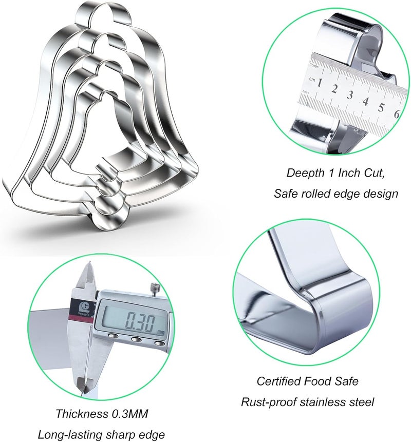 QAAQS Christmas Church Bell Cookie Cutter Set - 5", 4", 3", 2" - 4 Piece - Stainless Steel - Image 3
